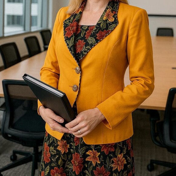 Matthew & David Dresses & Skirts - Vintage 80's 2 Piece Floral Skirt and Goldenrod with Trim Blazer Suit Set - 10